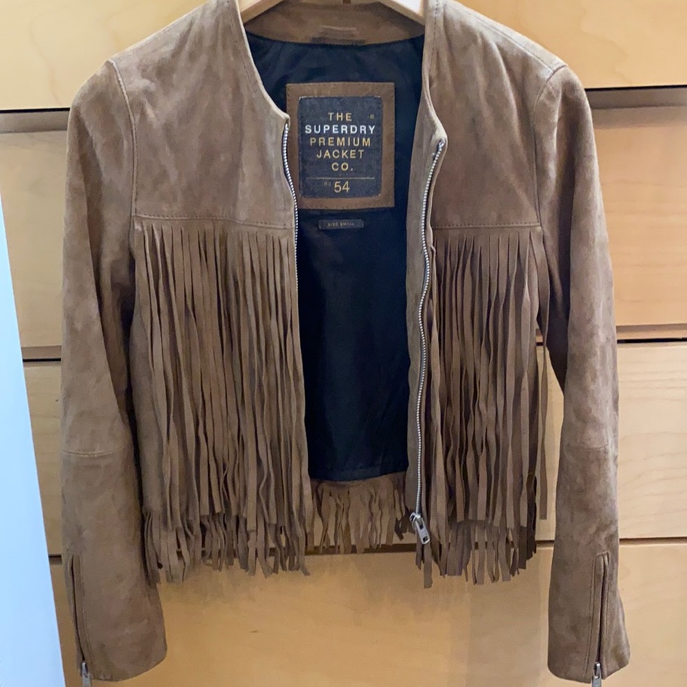 Superdry Suede Boho Fringe Bomber with zipper